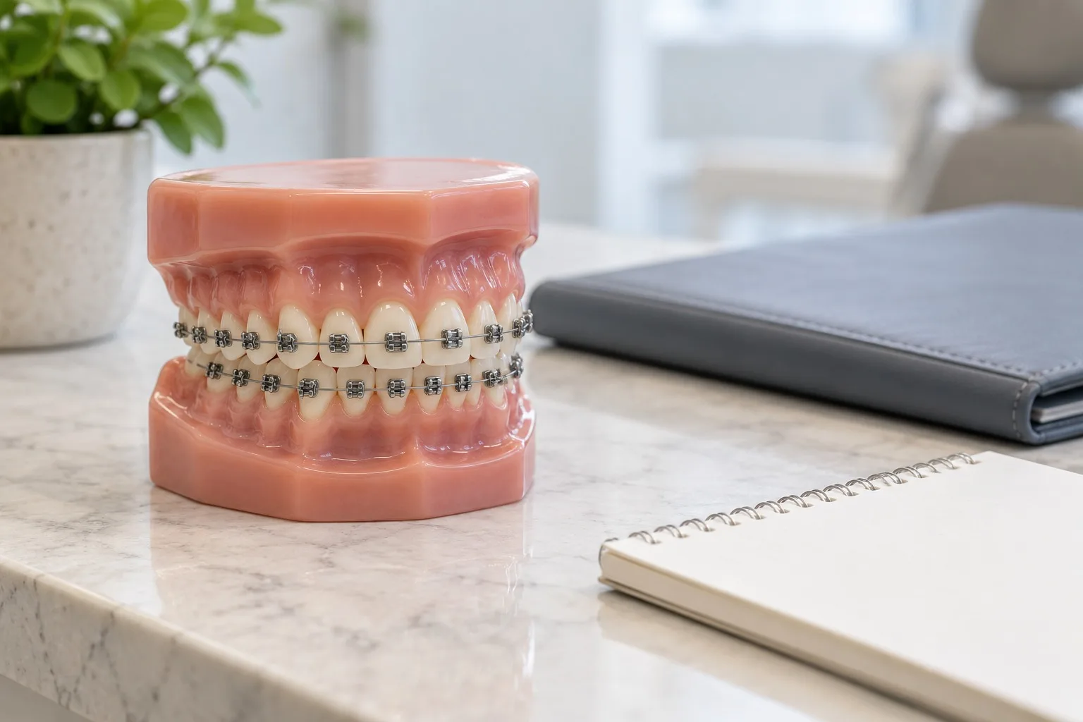 Zahnmodell mit Brackets neben einer neutralen Dokumentenmappe und einem Notizbuch
